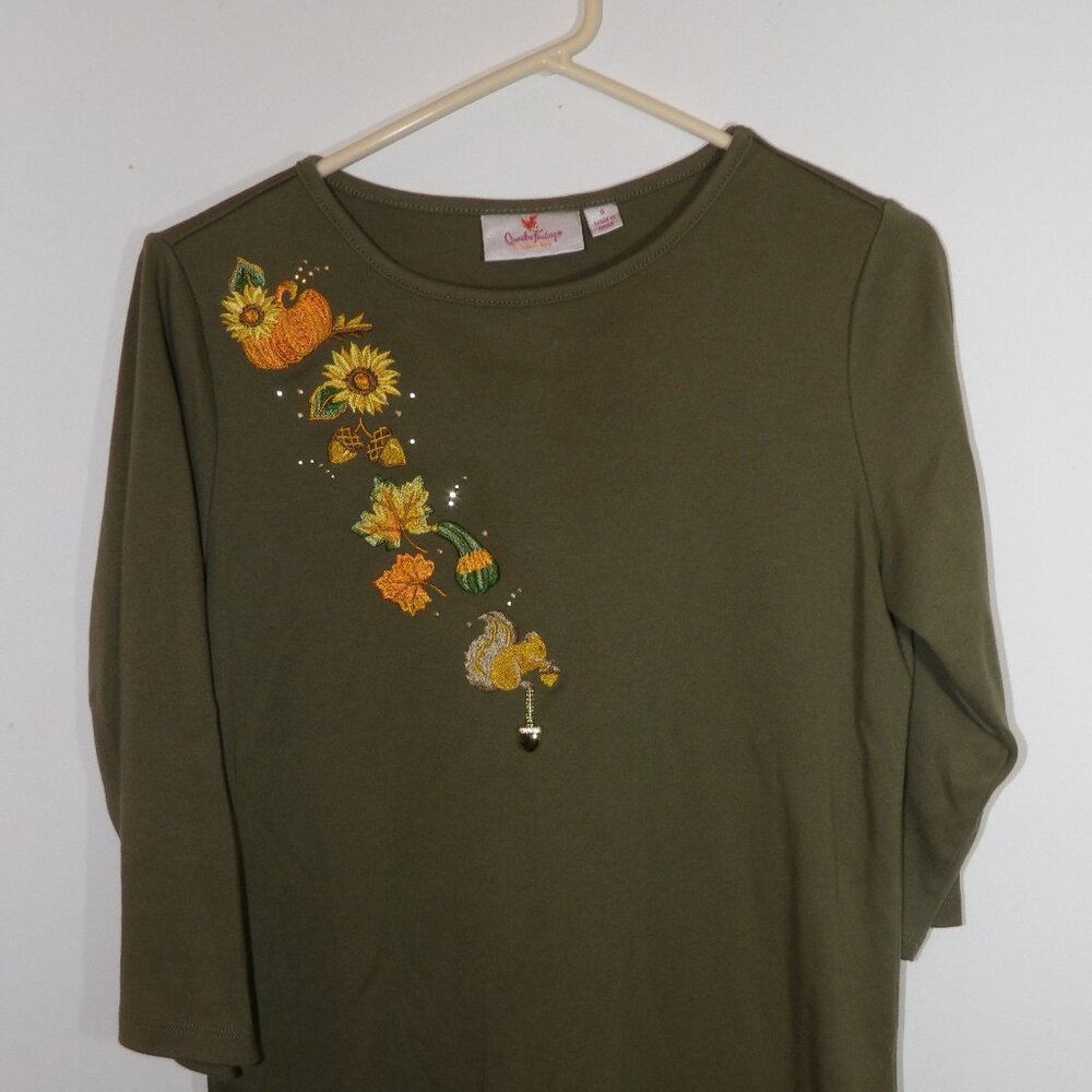 Fall Quacker Factory Shirt Top Green Beaded Floral Embellished 3/4 Sleeve Small
